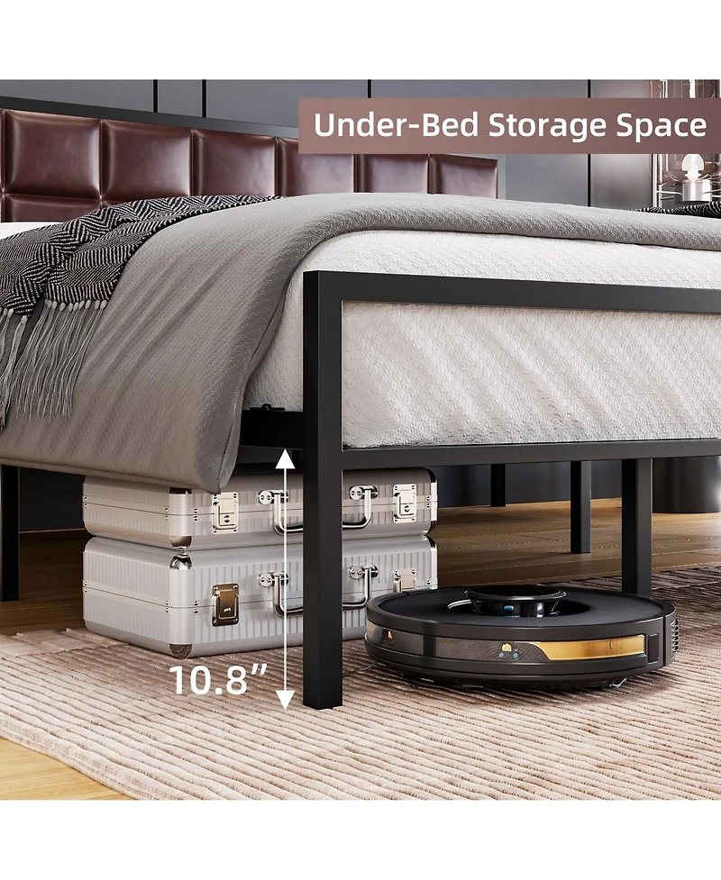 homfan Modern Faux Leather Upholstered Platform Bed, Metal Steel Slats Construction, Underbed Storage Space, Optional Box Spring, Easy Assembly