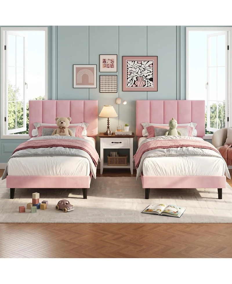 homfan 2 Set Twin Size Velvet Upholstered Platform Bed Frame with Adjustable Tufted Headboard, No Box Spring Needed, Easy Assembly