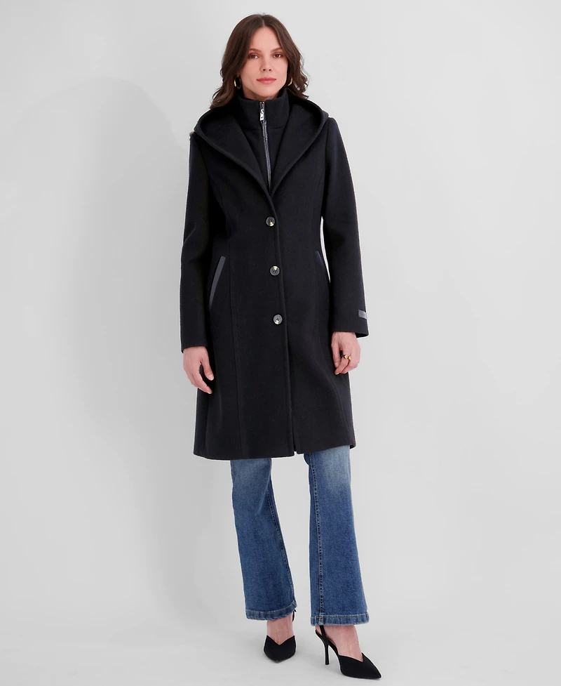 Tahari Women's Bibbed Faux-Leather Trimmed Hooded Coat