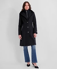 Tahari Women's Bibbed Faux-Leather Trimmed Hooded Coat