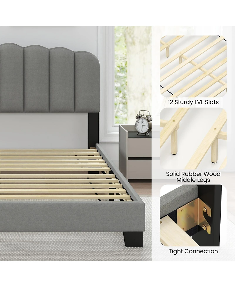 Slickblue Upholstered Queen Bed Frame with Scalloped Tufted Headboard for Bedroom