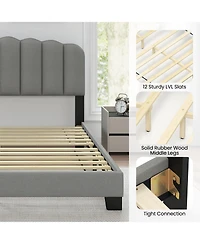 Slickblue Upholstered Queen Bed Frame with Scalloped Tufted Headboard for Bedroom
