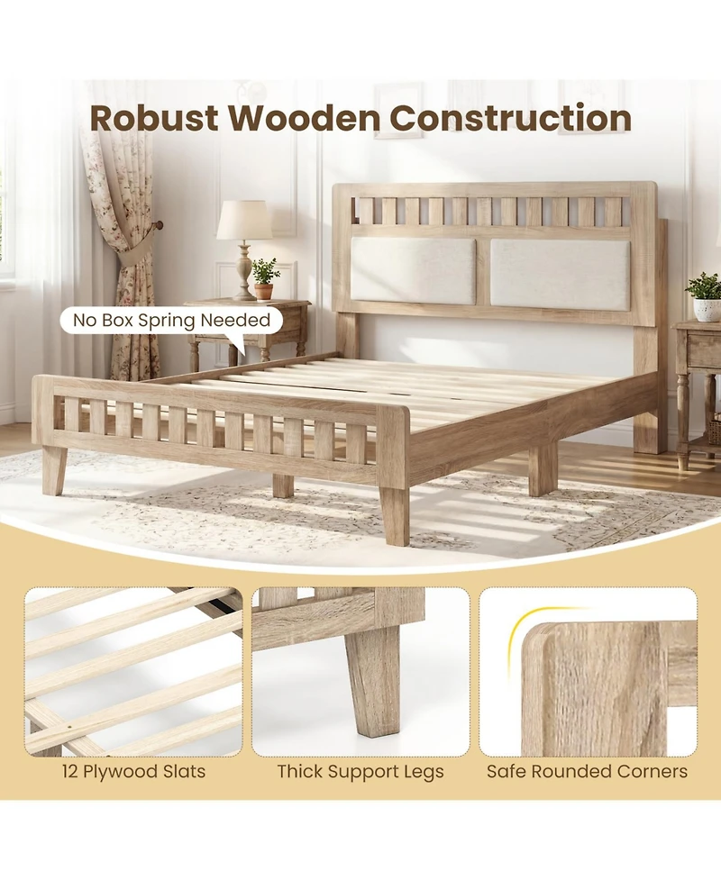 Slickblue Mid-Century Modern Bed Frame with Wood Base and Upholstered Headboard