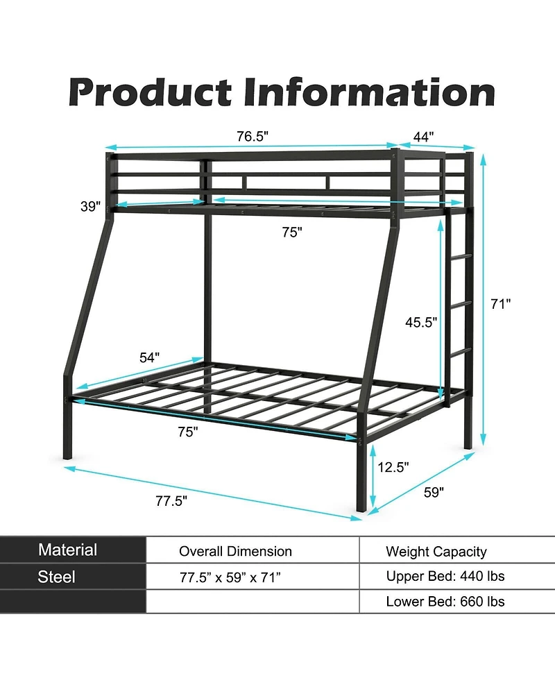 Slickblue Twin Over Full Bunk Bed Frame with Safety Rail and Ladder Design