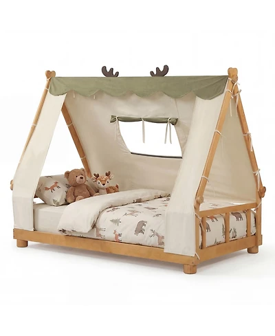 Slickblue Wood Twin Floor Bed House Frame with Kids Tent Canopy Style