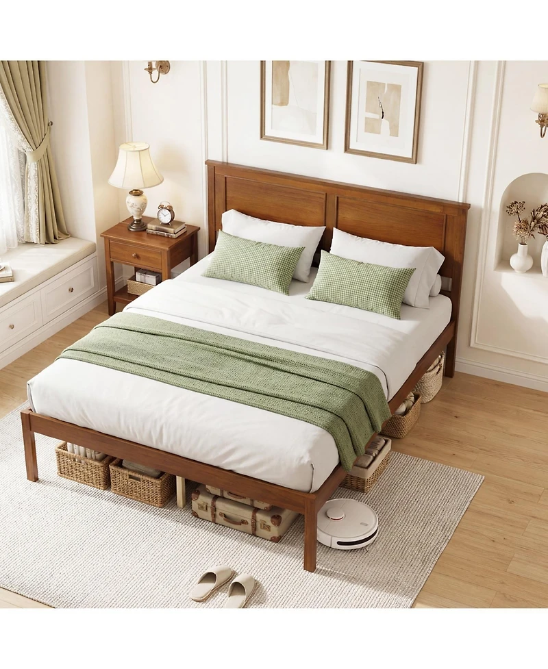 Slickblue Wooden Farmhouse Bed Frame with Platform and Headboard