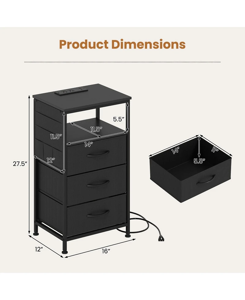 Slickblue Modern Nightstand with 3 Fabric Drawers and Charging Ports