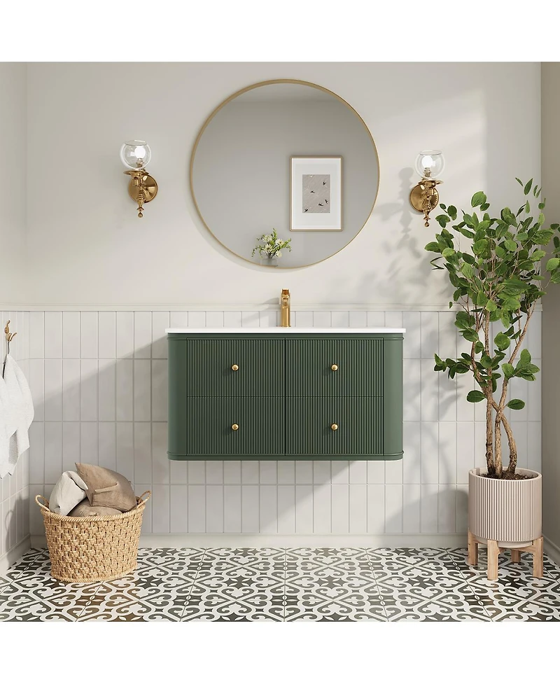 Sillysis 30" Wall-Mounted Bathroom Vanity with Acrylic Sink, Soft Close Drawers, Striped Cabinet, Two Handle Options