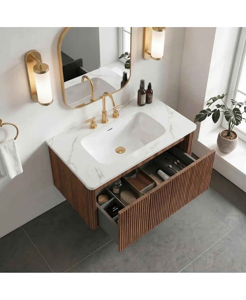 Sillysis 30" Modern Wall Mounted Bathroom Vanity with Carrara Integrated Ceramic Sink, Push-Open Walnut Striped Storage Drawer