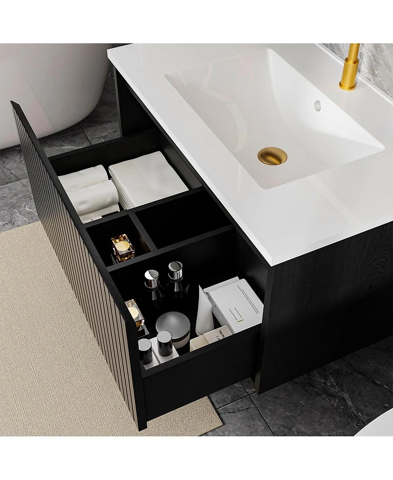 Sillysis 30 Inch Wall Mounted Bathroom Vanity with Large Soft Close Drawer, Integrated Ceramic Sink, Modern Floating Cabinet