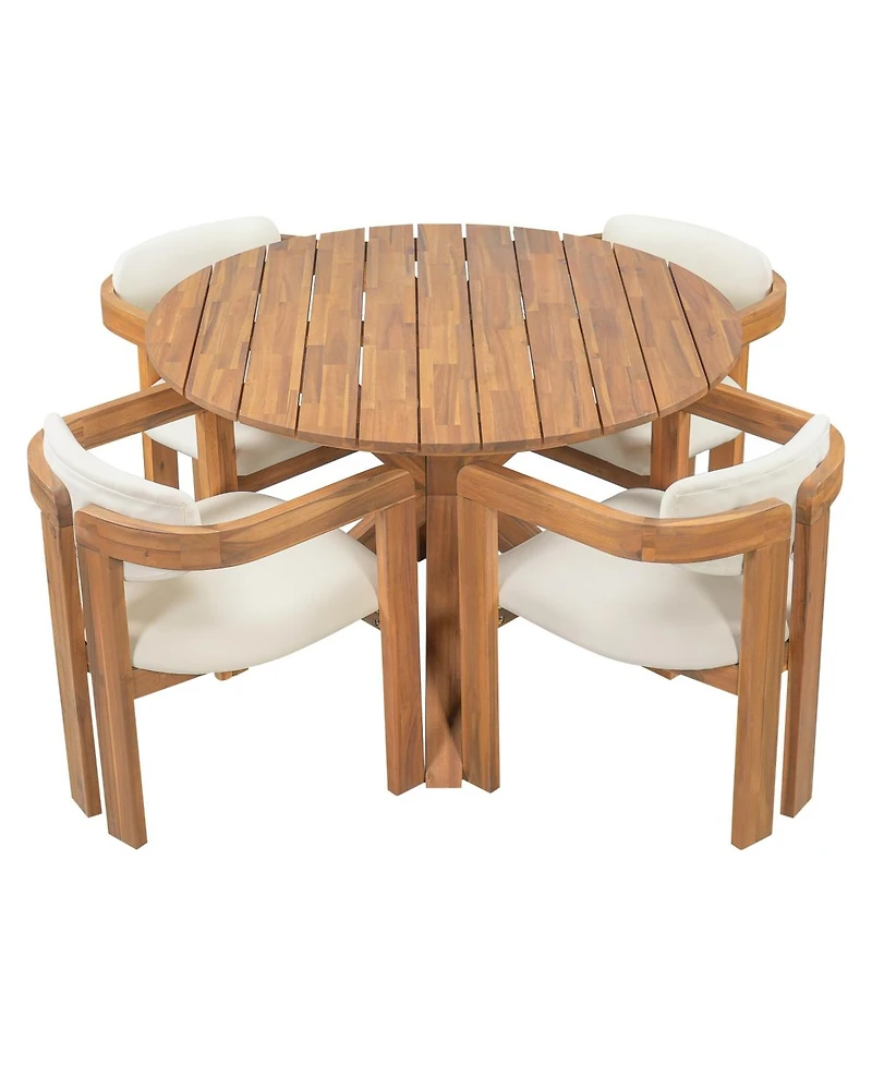 Asagikoiai 5 Piece Outdoor Acacia Wood Round Dining Set with Cushioned Chairs for Patio or Garden