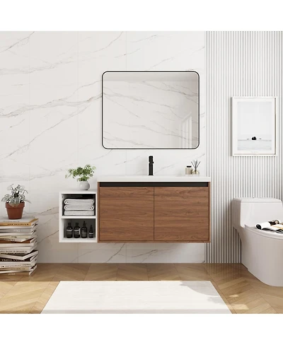 Sillysis Inch Wall Mounted Bathroom Vanity with Resin Sink and Open Storage Shelves for Modern Small Bathrooms