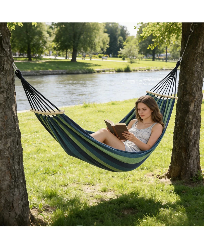 homfan Heavy-Duty Canvas Hammock with Anti-Roll Spreader Bars, 550 lb Capacity Portable Outdoor Swing Tree Straps and Carry Bag for Patio