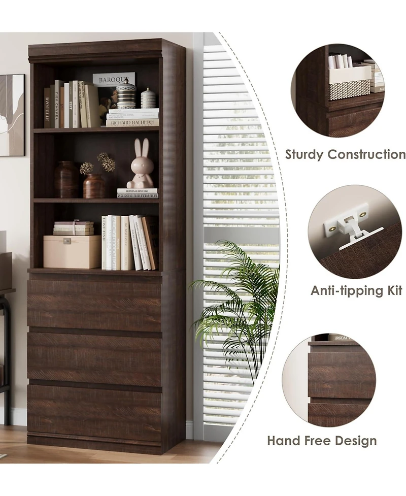 homfan 70" Tall Bookcase with 3 Drawers and 3 Open Shelves