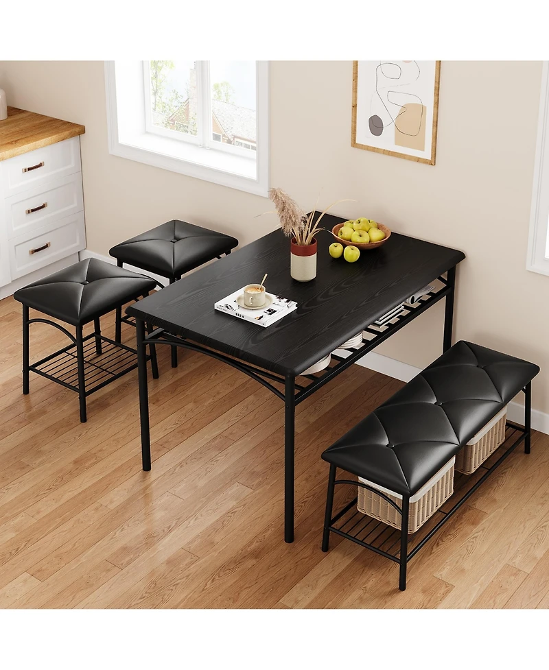 homfan 4-Piece Storage Dining Set, Pu Padded Bench and Stools, Space Saving Engineered Wood Kitchen Furniture