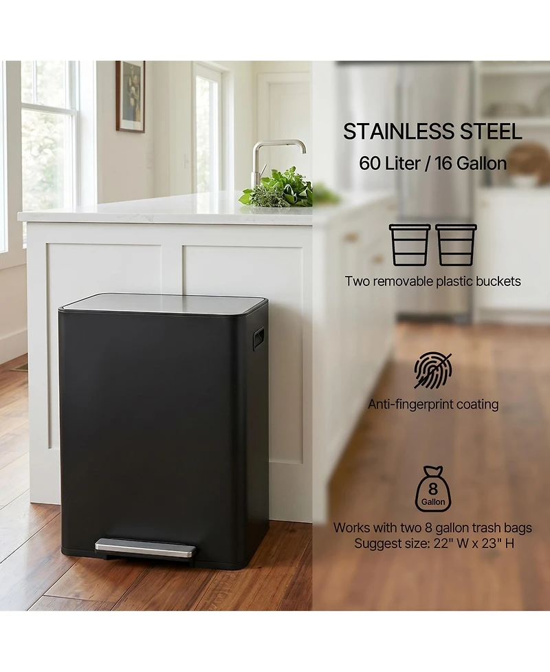 15.6 Gallon Rectangular Stainless Steel Step on With Two 30 Liter Compartments Trash Can