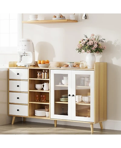 homfan 55" Farmhouse Coffee Bar with Storage and Adjustable Shelves, Buffet Sideboard Cabinet with Glass Doors and Open Shelves for Dining Room