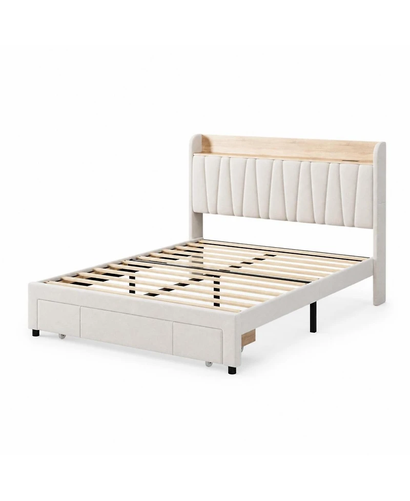 homfan Queen Upholstered Bed Frame with Storage Headboard, Charging Station and Drawer, Platform Bed with Wood Slats