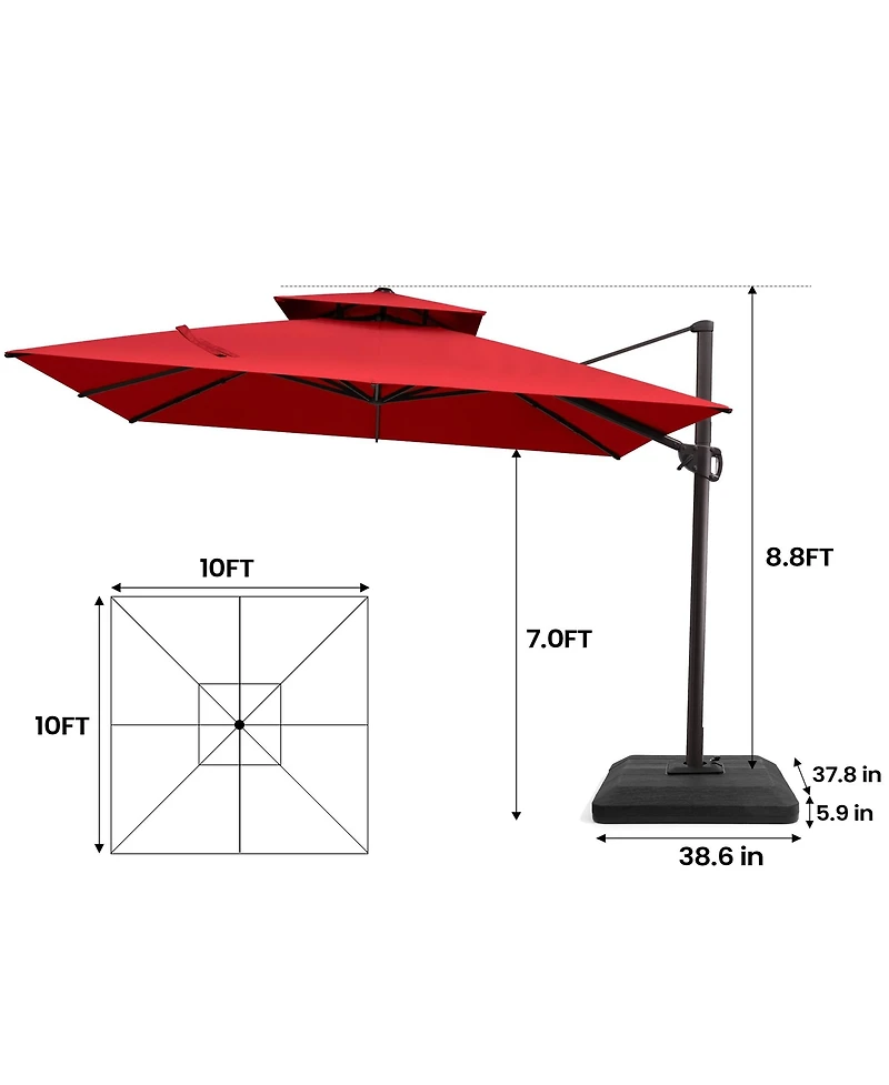 Pellebant 10x10Feet Outdoor Patio Double Top Square Aluminum Cantilever Umbrella with Umbrella Base