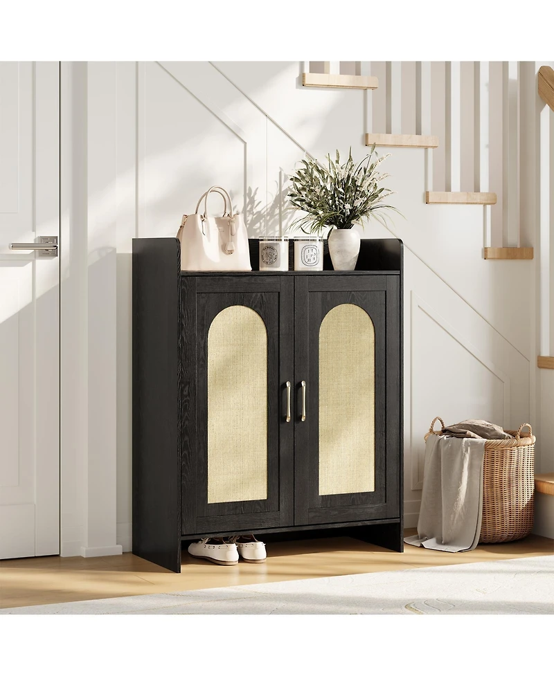 homfan Boho Rattan Shoe Cabinet for Entryway, Wooden Storage with 2 Doors, Farmhouse Rack Organizer