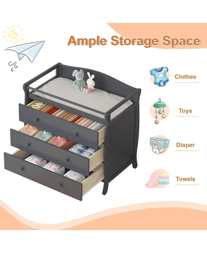 gaomon Wooden Diaper Changing Table, Baby Diaper Changing Station Infant Nursing Table with 3 Drawers, Safety Rail and Strap