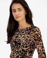 Bar Iii Women's Leopard-Print Ruched Mesh Top, Macy's Exclusive