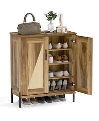 Costway 5-Tier Farmhouse Shoe Cabinet with Woven Rattan Doors, Removable Shelves for Closet
