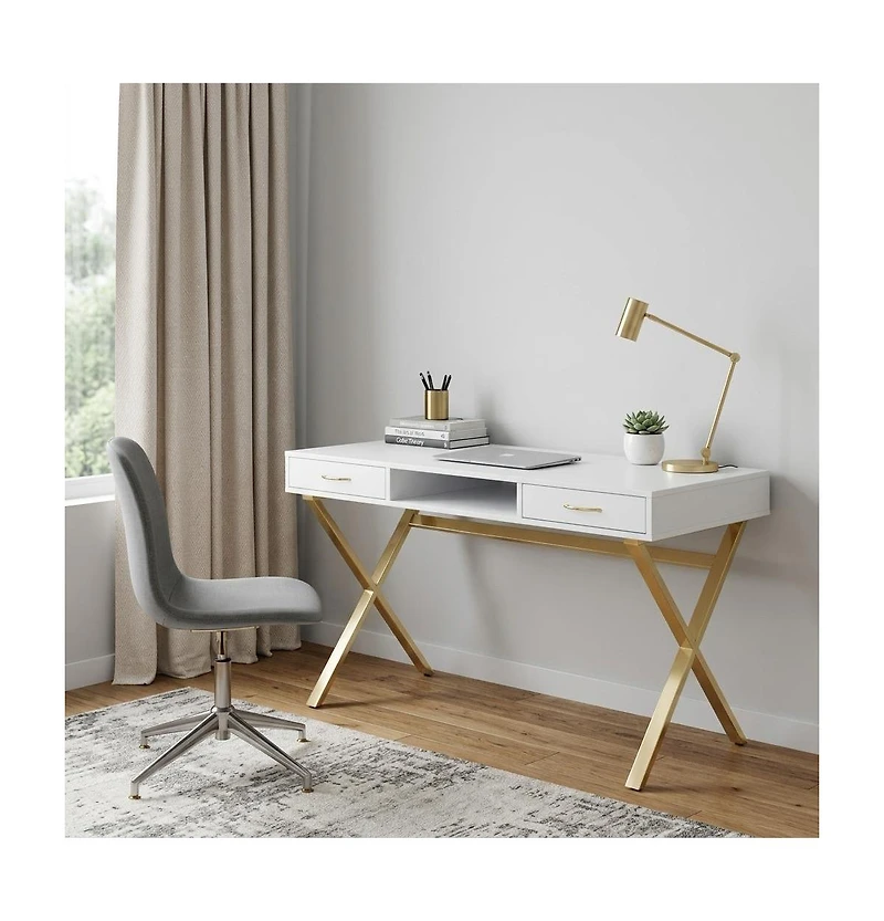 HomeRoots 47" White and Gold Wood and Metal Computer Desk With Two Drawers