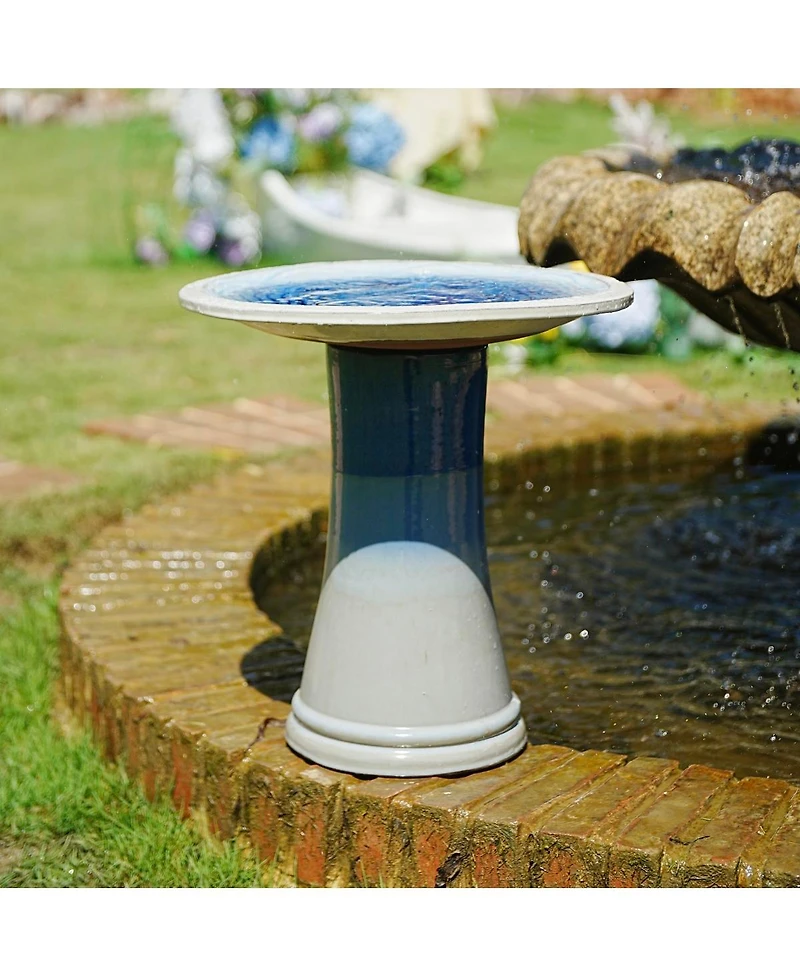 Streamdale Furniture 17'' Ceramic Pedestal Bird Bath with Swirl Pattern Blue Ombre