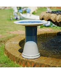 Streamdale Furniture 17'' Ceramic Pedestal Bird Bath with Swirl Pattern Blue Ombre