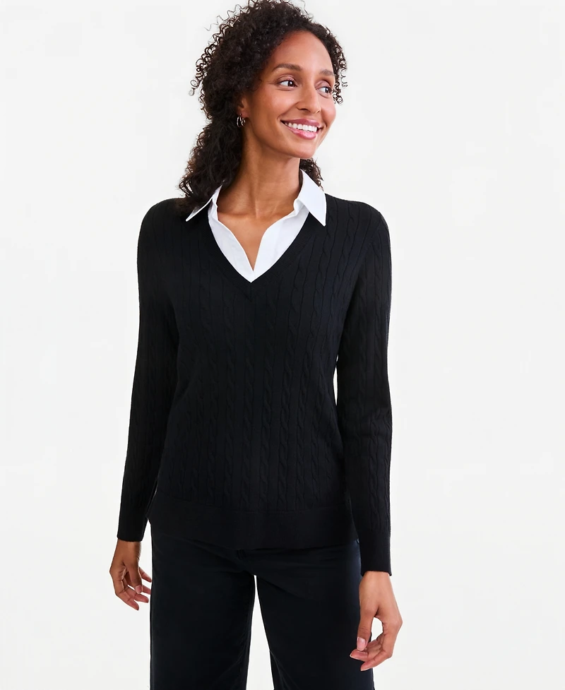 Style & Co Petite Two-Fer Cable Knit Polo Sweater, Macy's Exclusive