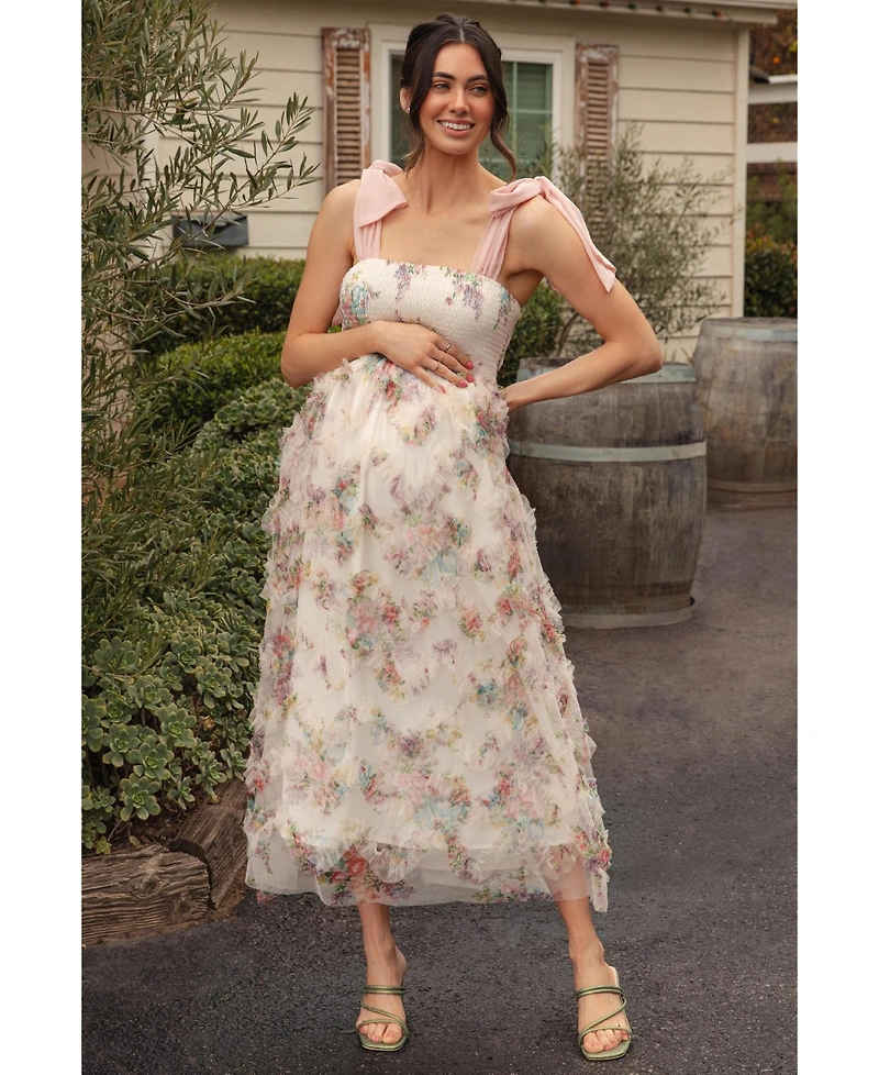 Pinkblush Maternity Cream Floral Smocked Shoulder Tie Ruffled Midi Dress