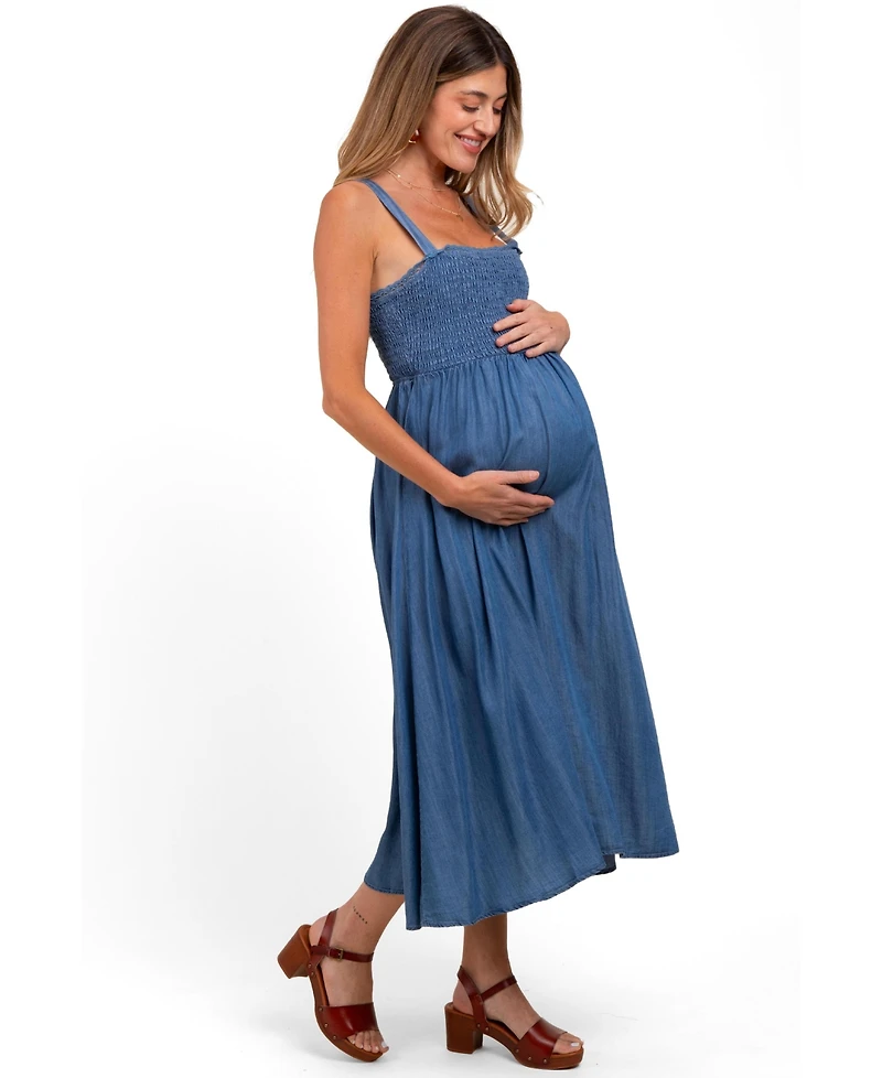 Pinkblush Maternity Blue Smocked Chambray Tie Back Cutout Midi Dress