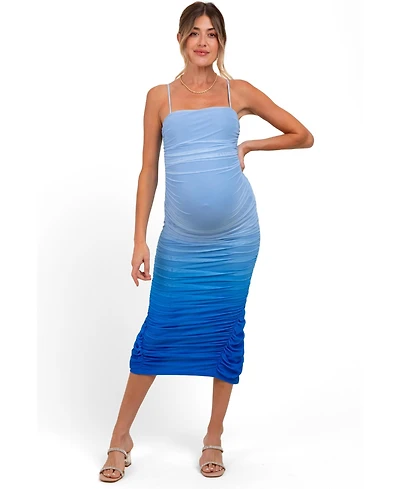 Pink Mesh Ombre Ruched Maternity Midi Dress