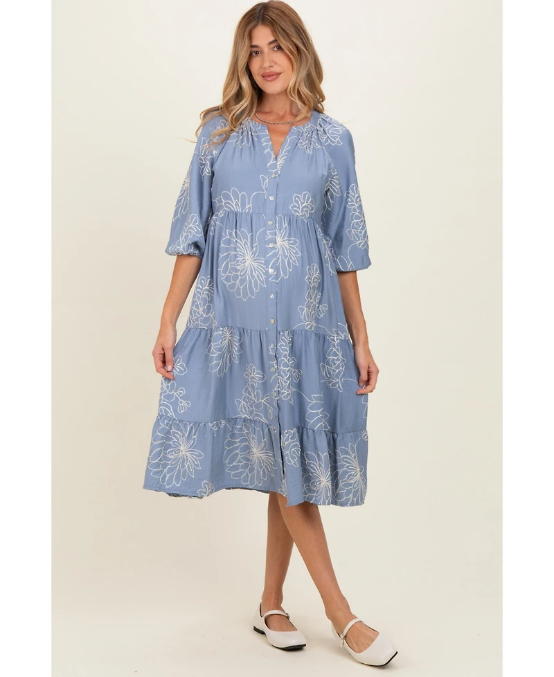 Pinkblush Maternity Blue Embroidered Tiered Midi Shirt Dress