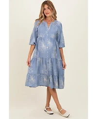 Pinkblush Maternity Blue Embroidered Tiered Midi Shirt Dress
