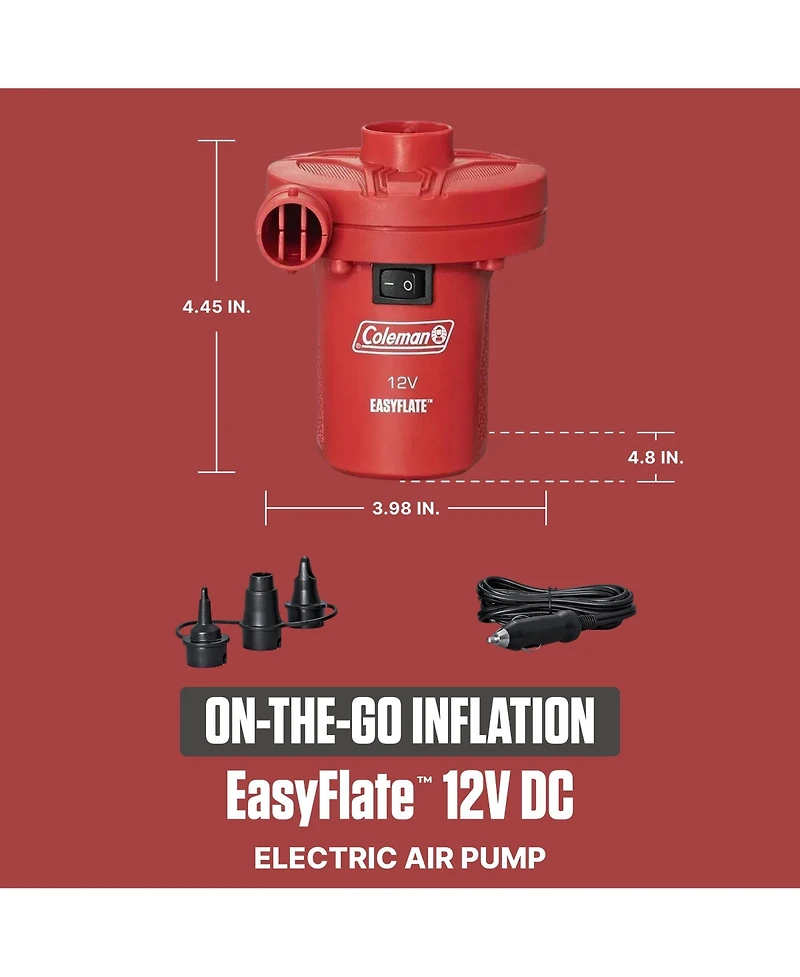 Coleman EasyFlate 12V Dc Electric Air Pump, Car Plug Inflator with 3 Adapters