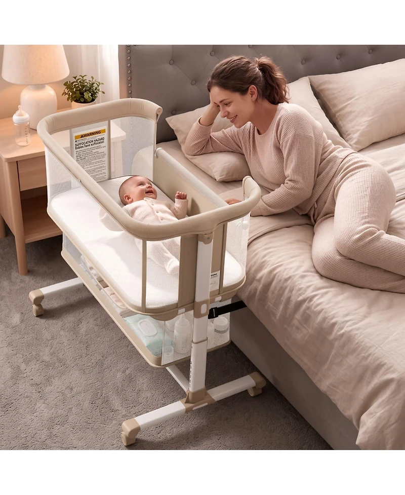 Kinder King Baby 3-in-1 Bassinet Bedside Sleeper with Adjustable Height, Mosquito Net and Wheels