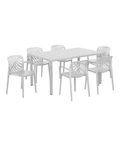 7-Piece Outdoor Metal Rectangle Patio Dining Table Set With Stackable Resin Chairs