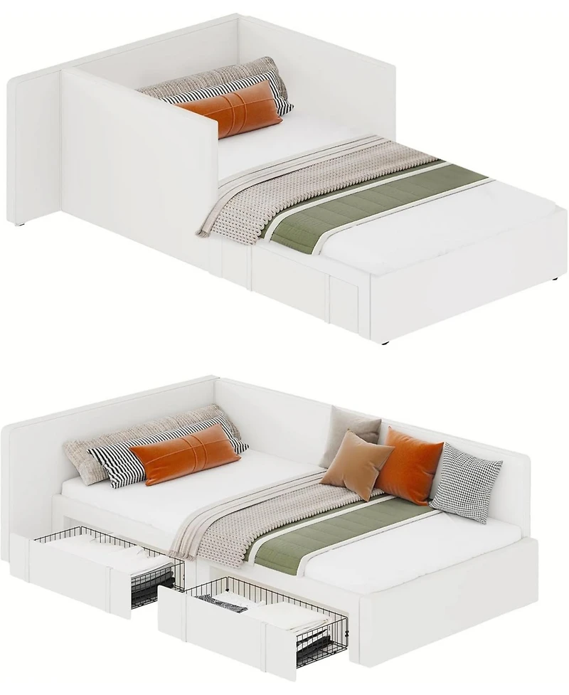 gaomon Twin Daybed with 2 Storage Drawers, Corner Bed Frame with Extended Headboard and Bed Rails