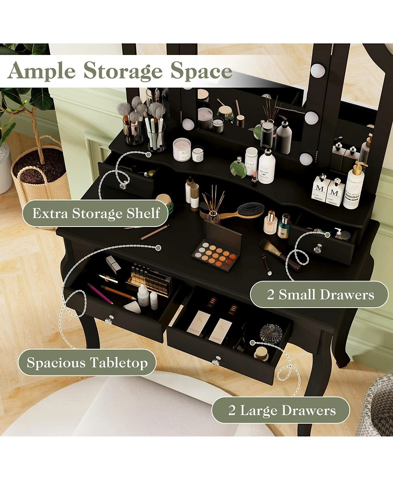 Volenca Lighted Makeup Vanity Set with Mirror, Drawers, and Cushioned Stool