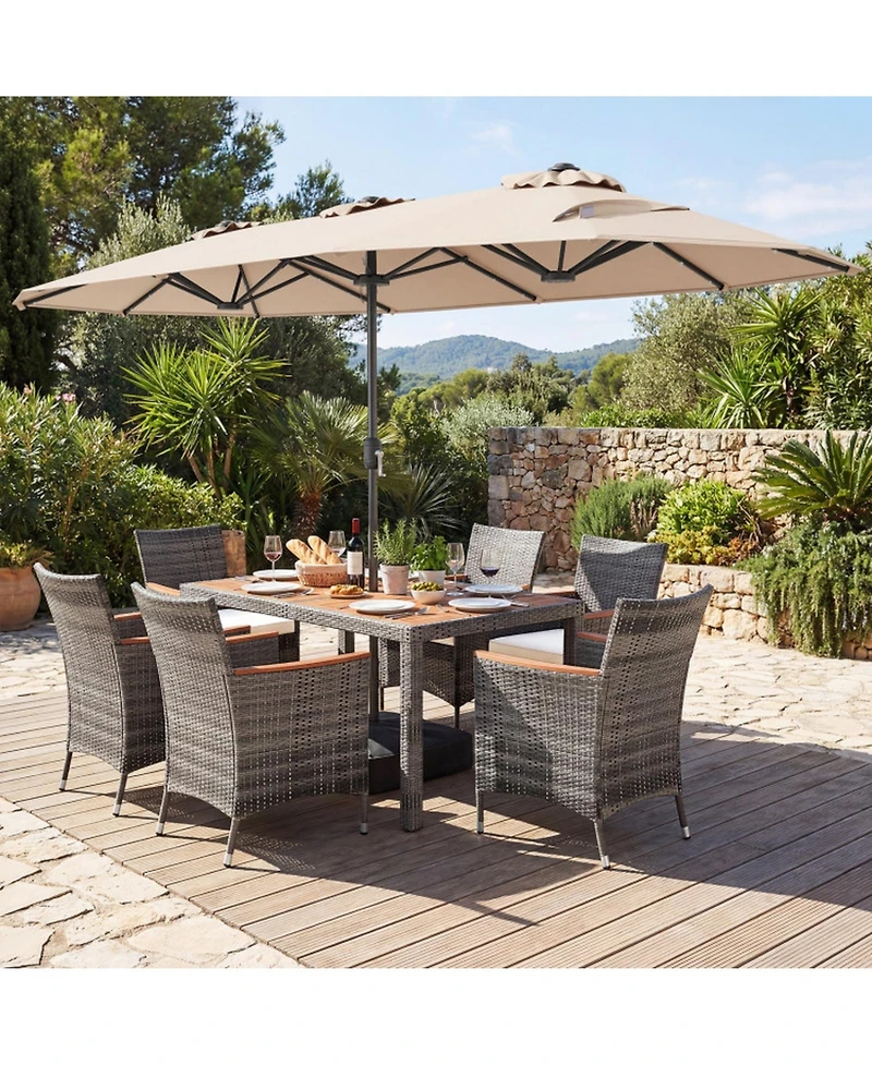 Sugift 8-Piece Outdoor Wicker Dining Furniture with 13.5 Ft Double-Sided Patio Umbrella