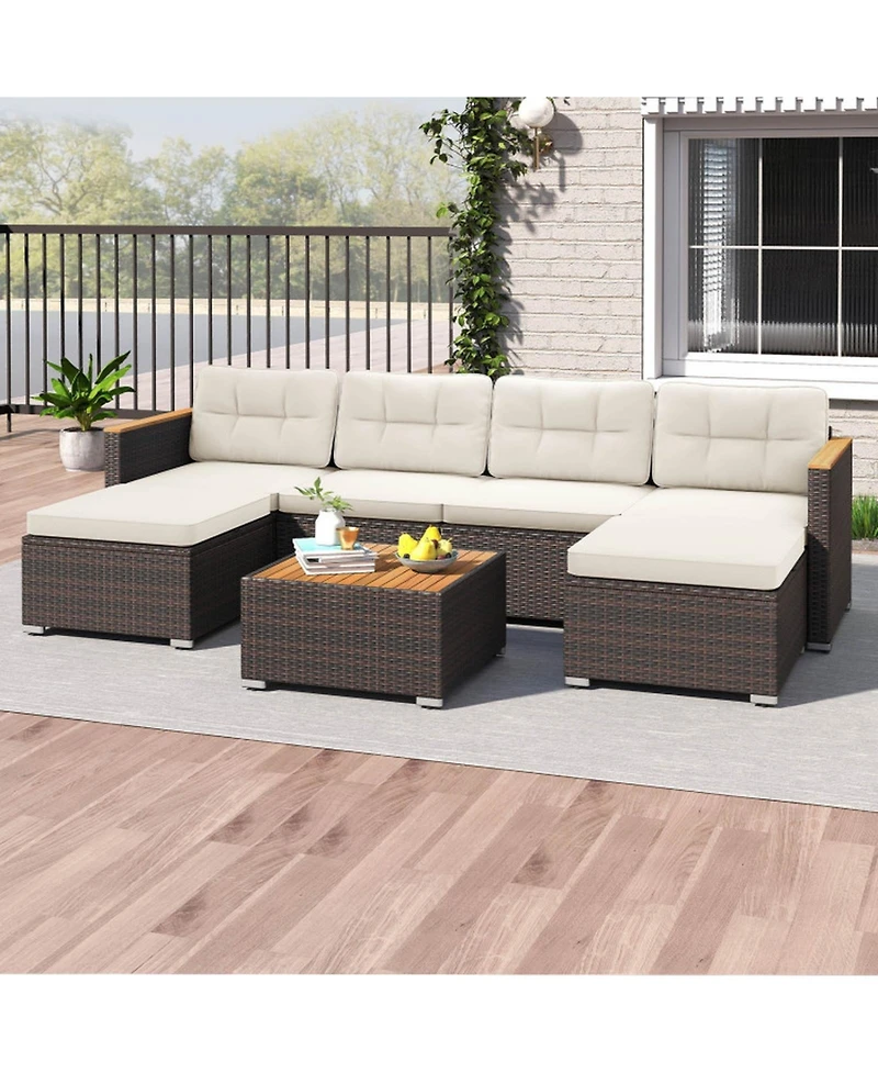 Gouun 7-Piece Wicker Patio Sectional with Acacia Wood Armrests and Ottoman