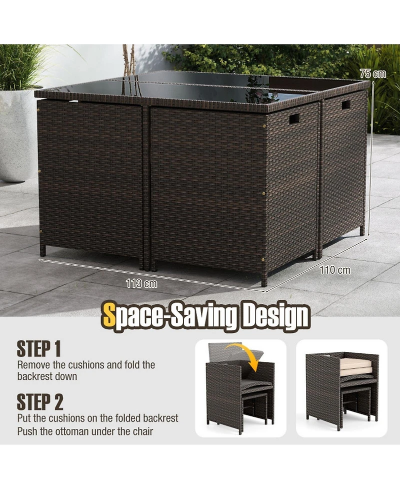Sugift 9-Piece Rattan Patio Dining Set with Tempered Glass Table and Ottomans