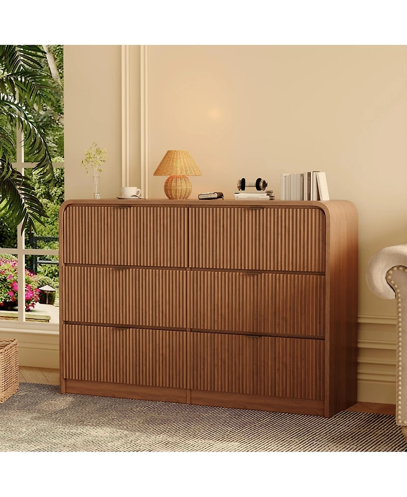homfan Fluted 6 Drawer Dresser - Modern Chest of Drawers with Rounded Edge for Bedroom, Living Room