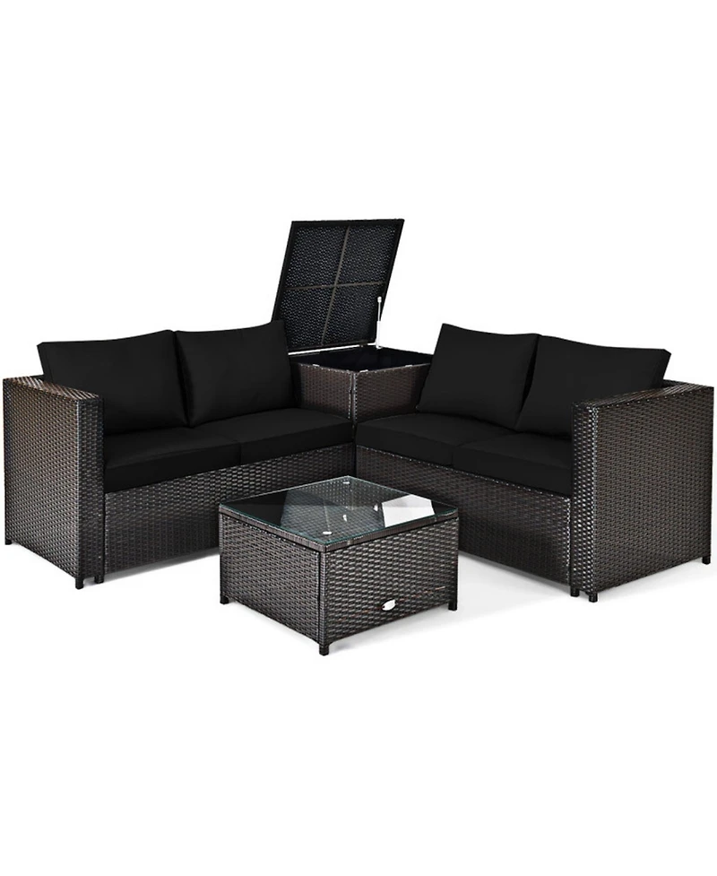 Gouun 4-Piece Outdoor Rattan Sectional Set with Loveseat, Storage End Table and Glass Top