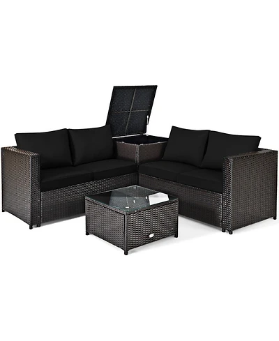 Gouun 4-Piece Outdoor Rattan Sectional Set with Loveseat, Storage End Table and Glass Top