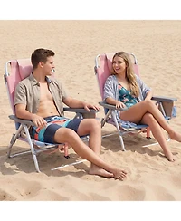 Sugift Set of 2 Portable Folding Backpack Reclining Beach Chairs with 5-Position Backrest Headrest