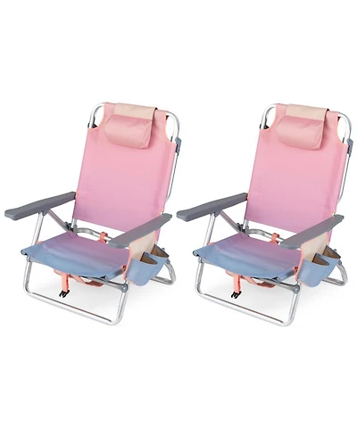Sugift Set of 2 Portable Folding Backpack Reclining Beach Chairs with 5-Position Backrest Headrest