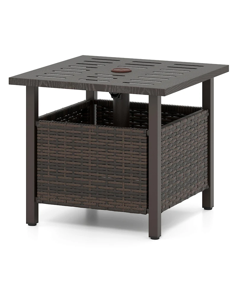 Sugift All-Weather Pe Wicker Outdoor Side Table with Umbrella Hole